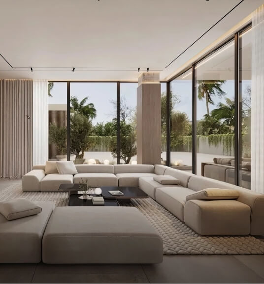 Interior with side sofas windows image